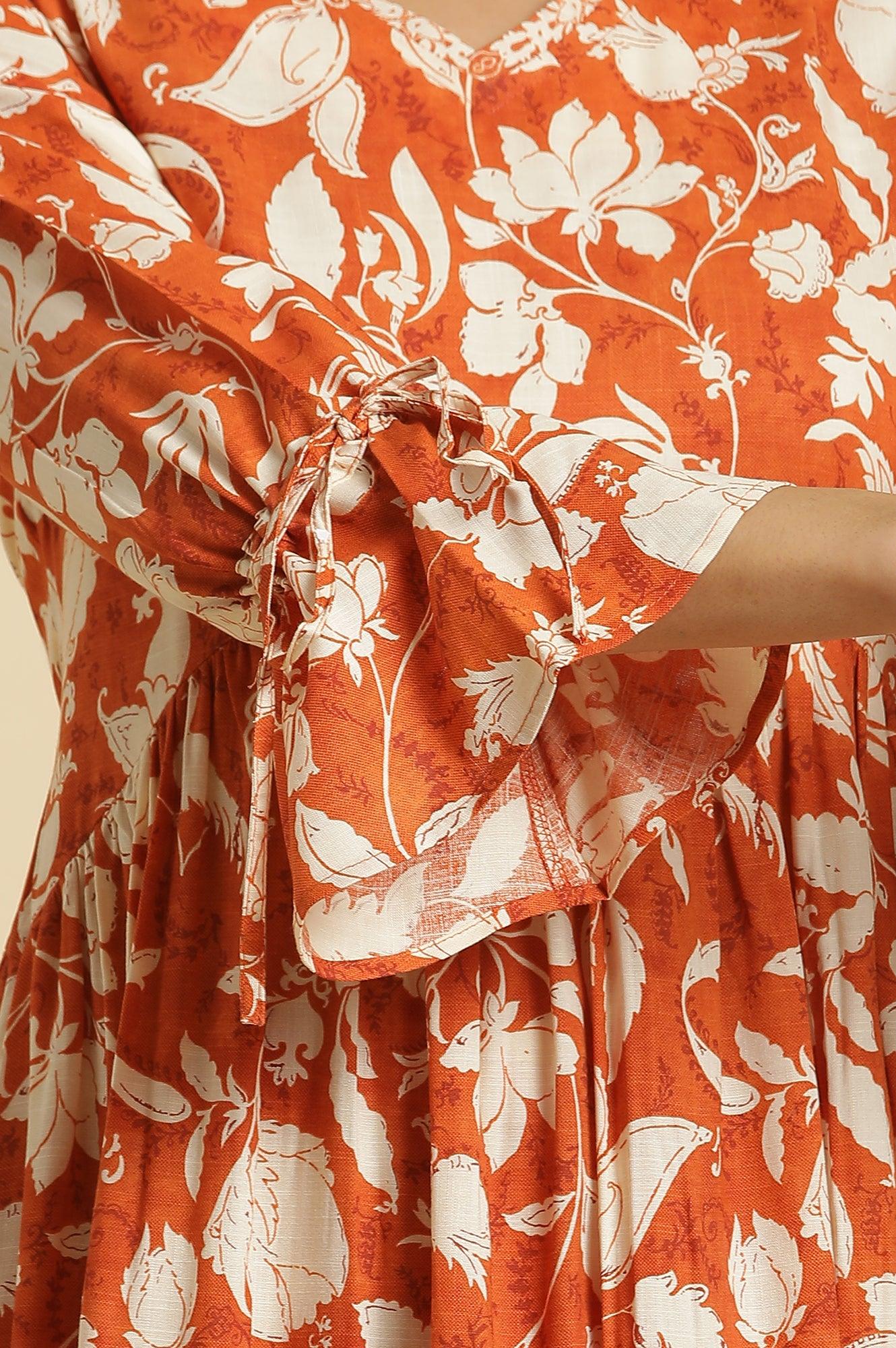 Dark Orange Floral Printed Kurta & Pants Co-Ord Set - Image 4