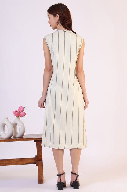 Off -White Striped Cotton Blend Flared Western Dress - Image 4