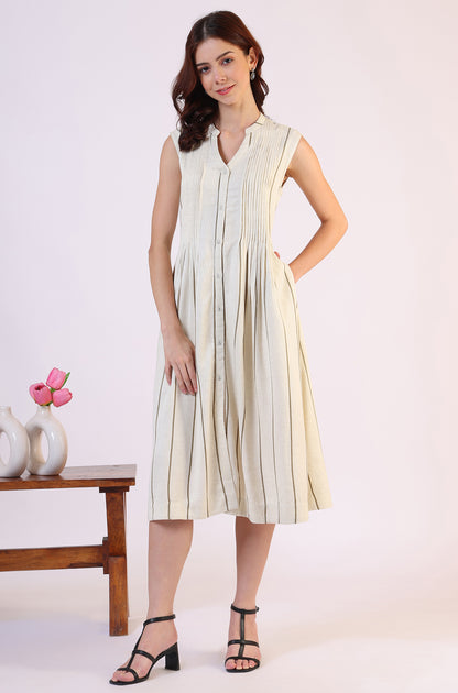 Off -White Striped Cotton Blend Flared Western Dress
