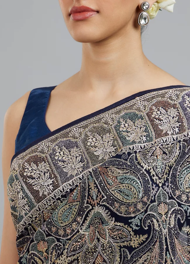 Indigo Blue Georgette Festive Saree - Image 2